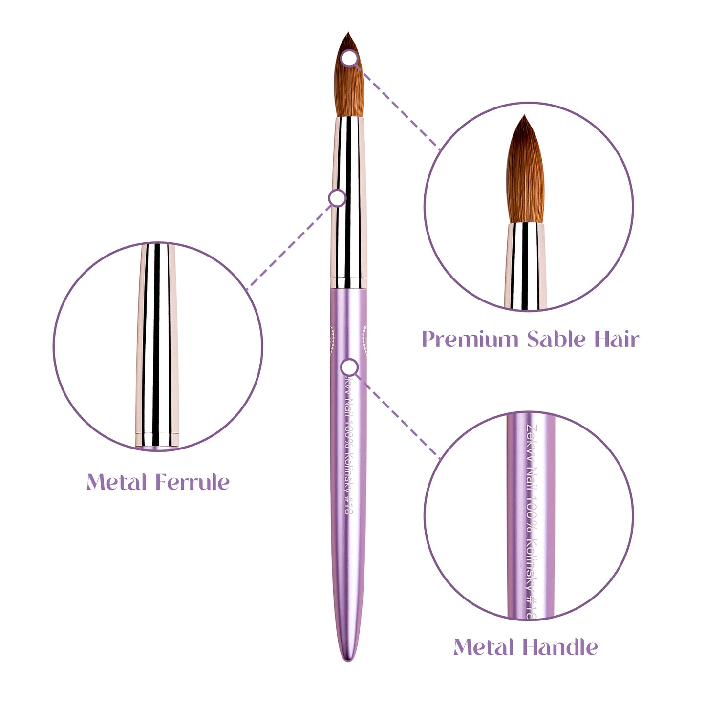 Yasterd Premium Quality Purple Metal Handle Kolinsky Acrylic Nail Brush