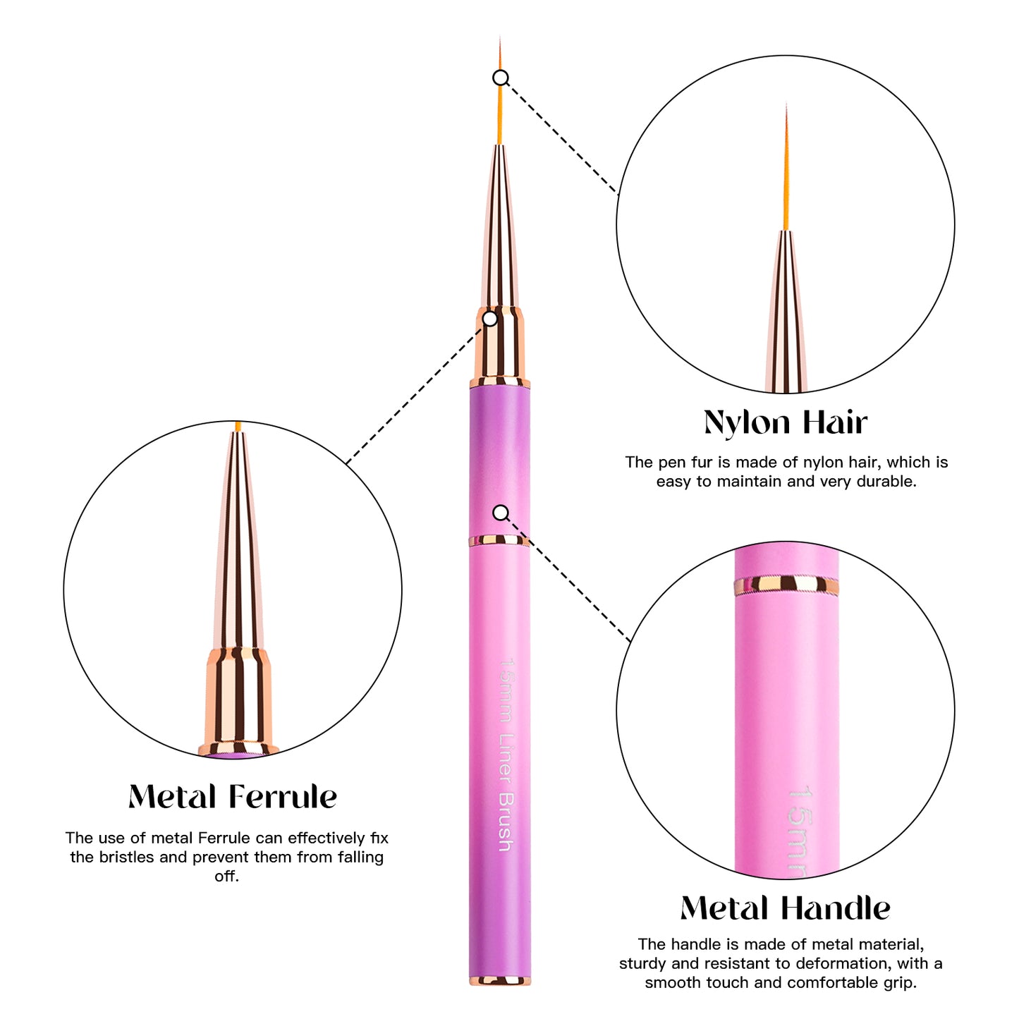 Yasterd Premium Quality 5Pcs Pink&Purple Metal Handle Nail Art Brush Set