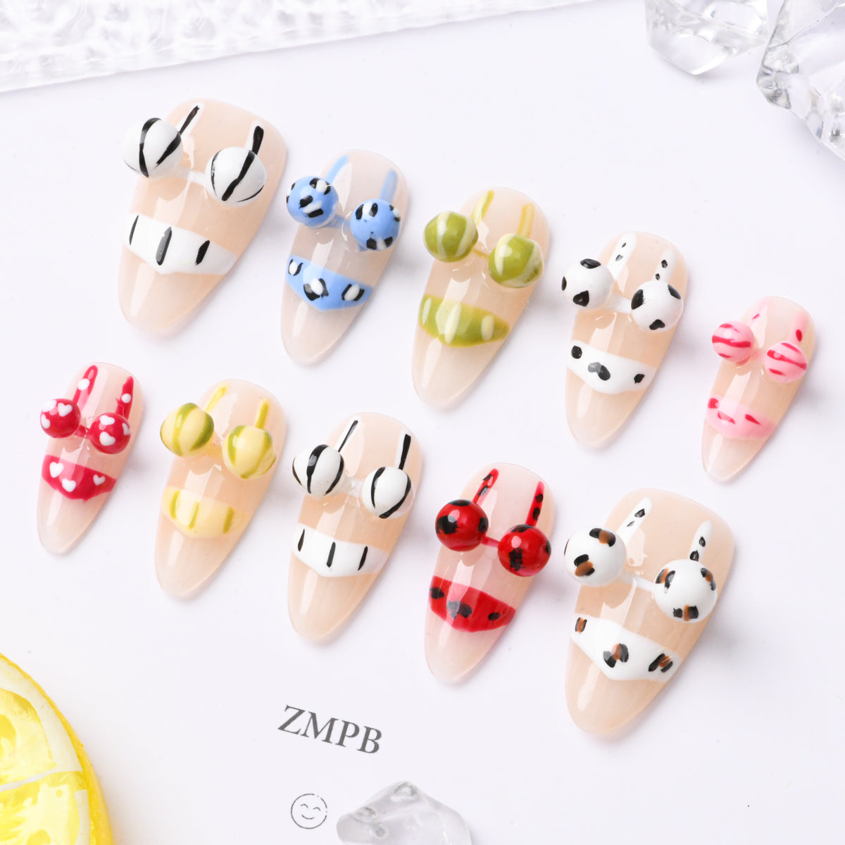 10pcs SIZE M Handmade Craft Press On Nails, Bikini Water Drop Print 3D Carving Nail Art Fashion Sparkling Fake Nails For Women And Girls