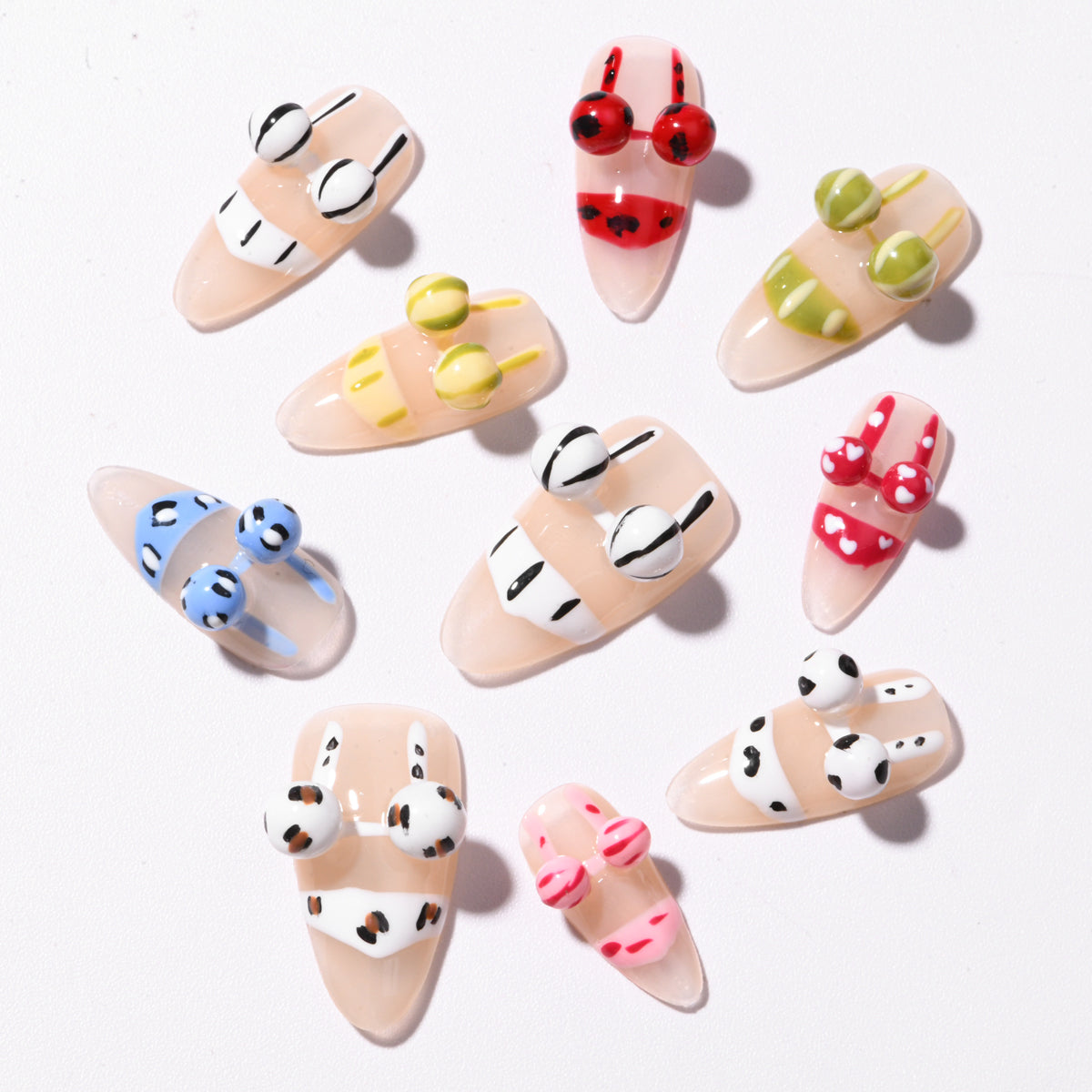 10pcs SIZE M Handmade Craft Press On Nails, Bikini Water Drop Print 3D Carving Nail Art Fashion Sparkling Fake Nails For Women And Girls