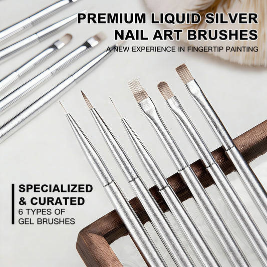 Yasterd 6Pcs Shiny Silver Nail Brush Set