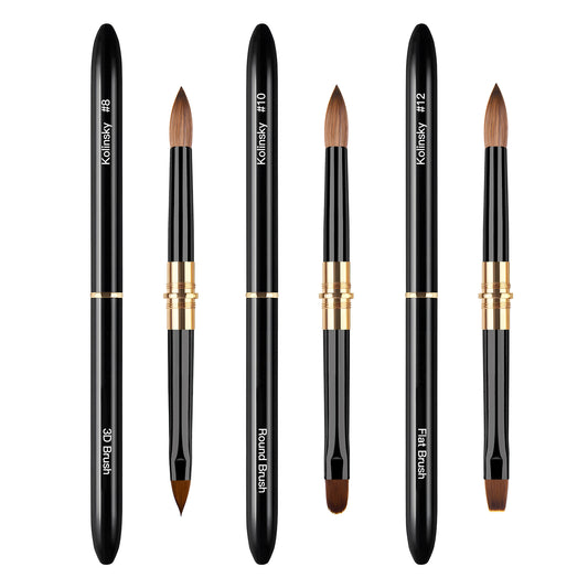 Yasterd Top Quality 3Pcs Black Metal Handle Double Ended Kolinsky&Nylon Nail Art Brush