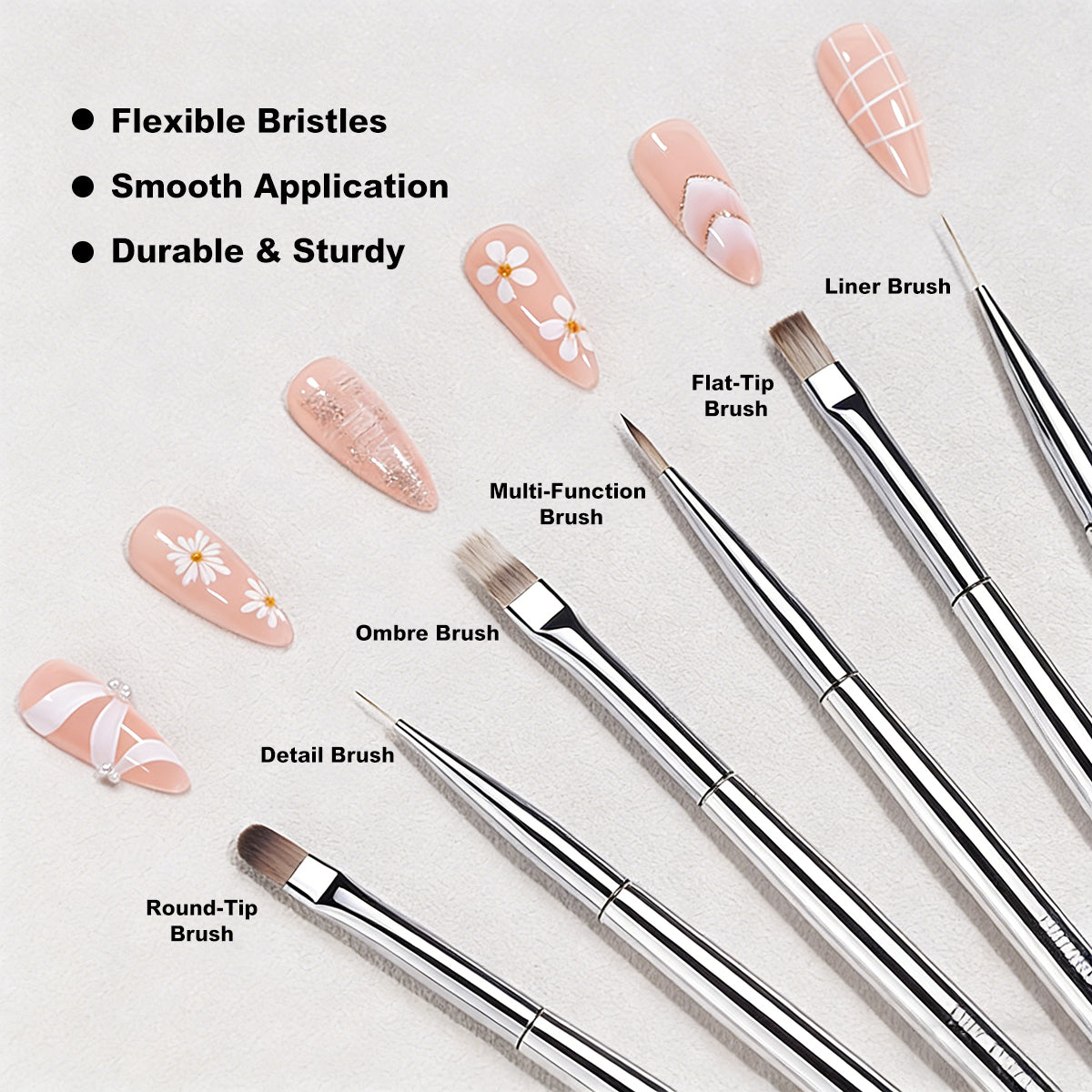 Yasterd 6Pcs Shiny Silver Nail Brush Set