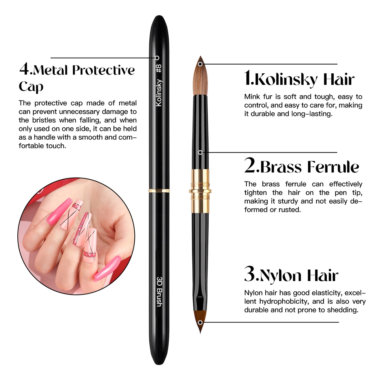 Yasterd Top Quality 3Pcs Black Metal Handle Double Ended Kolinsky&Nylon Nail Art Brush