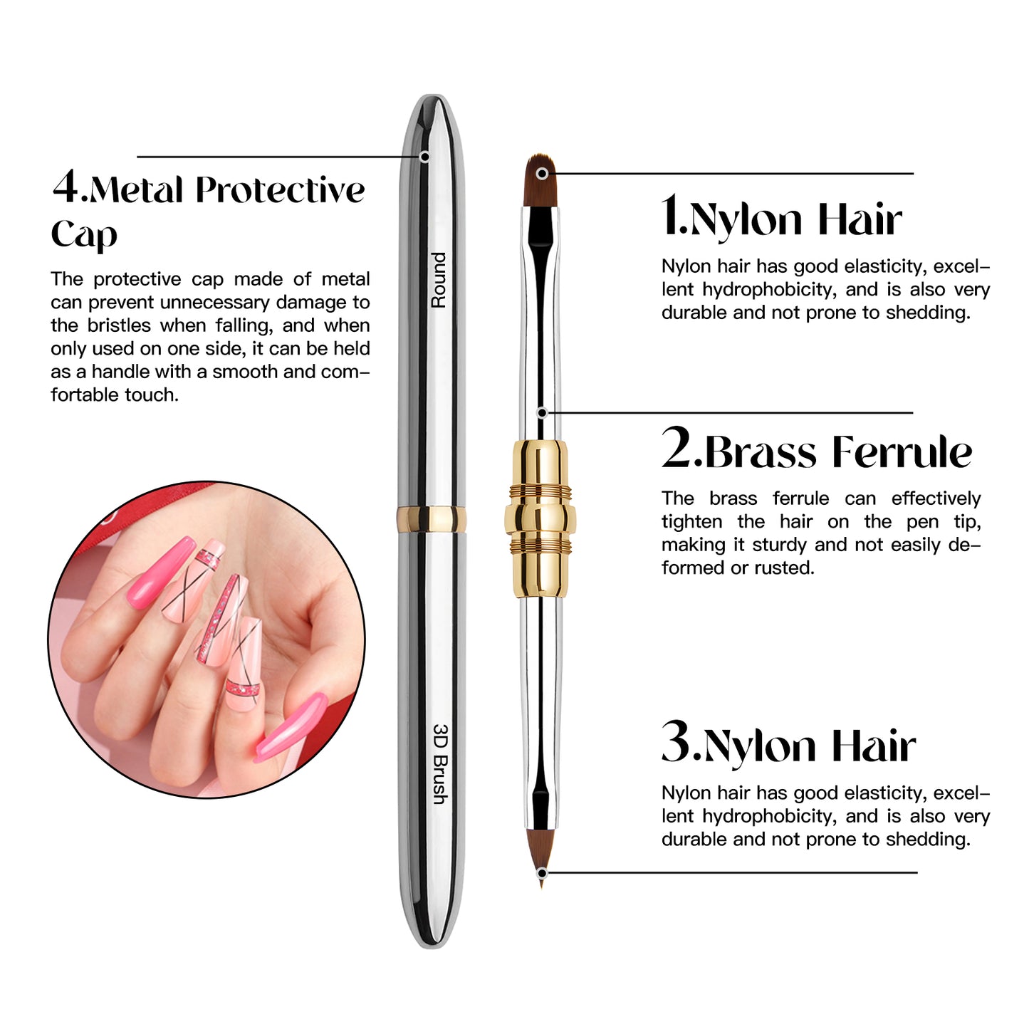 Yasterd Top Quality 3Pcs Silver Metal Handle Double Ended Nail Art Brush