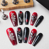 Load image into Gallery viewer, Yasterd Press on Nails Halloween Style Black Red Medium Almond with Skull Design, 100% Hand-painted Reusable Gel UV Finished Pre-shaped False Nails for Women, 10pcs 3D Handmade False Nails-Medium Size