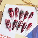 Load image into Gallery viewer, Yasterd Press on Nails Red Medium with Smiley Design, 100% Hand-painted Reusable Gel UV Finished Pre-shaped False Nails for Women, 10pcs 3D Handmade False Nails-Medium Size