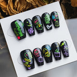 Load image into Gallery viewer, Yasterd Press on Nails Halloween Style Black Medium with Ghost Design, 100% Hand-painted Reusable Gel UV Finished Pre-shaped False Nails for Women, 10pcs 3D Handmade False Nails-Medium Size