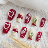 Load image into Gallery viewer, 10pcs SIZE S M L Handmade Craft Press On Nails, Christmas Red Print Style Fashion Diamond Fake Nails For Women And Girls