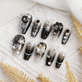 Load image into Gallery viewer, 10pcs SIZE S M L Handmade Craft Press On Nails, Snowflake And Stars Black Nail Art Fashion Sparkling Fake Nails For Women And Girls