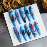 Load image into Gallery viewer, Yasterd Press on Nails Halloween Style Blue Long Style with Ghost Design, 100% Hand-painted Reusable Gel UV Finished Pre-shaped False Nails for Women, 10pcs 3D Handmade False Nails-Medium Size