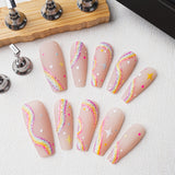 Load image into Gallery viewer, Yasterd Press on Nails Pink Medium with Rainbow Stripe Design, 100% Hand-painted Reusable Gel UV Finished Pre-shaped False Nails for Women, 10pcs 3D Handmade False Nails-Medium Size