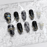 Load image into Gallery viewer, 10 PCS Size S M L Handmade Craft Press Nails, Black and Silver Rhinestone Nail Art Fashion Sparkling Fake Nails for Women and Girls