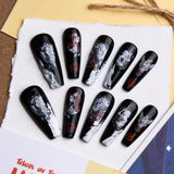 Load image into Gallery viewer, Yasterd Press on Nails Black Medium with Ghost Design, 100% Hand-painted Reusable Gel UV Finished Pre-shaped False Nails for Women, 10pcs 3D Handmade False Nails-Medium Size