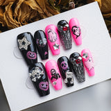 Load image into Gallery viewer, Yasterd Press on Nails Halloween Style Black Pink Medium with Pumpkin Design, 100% Hand-painted Reusable Gel UV Finished Pre-shaped False Nails for Women, 10pcs 3D Handmade False Nails-Medium Size