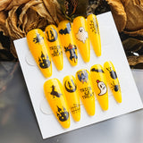 Load image into Gallery viewer, Yasterd Press on Nails Halloween Style Yellow Long Style with Ghost Design, 100% Hand-painted Reusable Gel UV Finished Pre-shaped False Nails for Women, 10pcs 3D Handmade False Nails-Medium Size