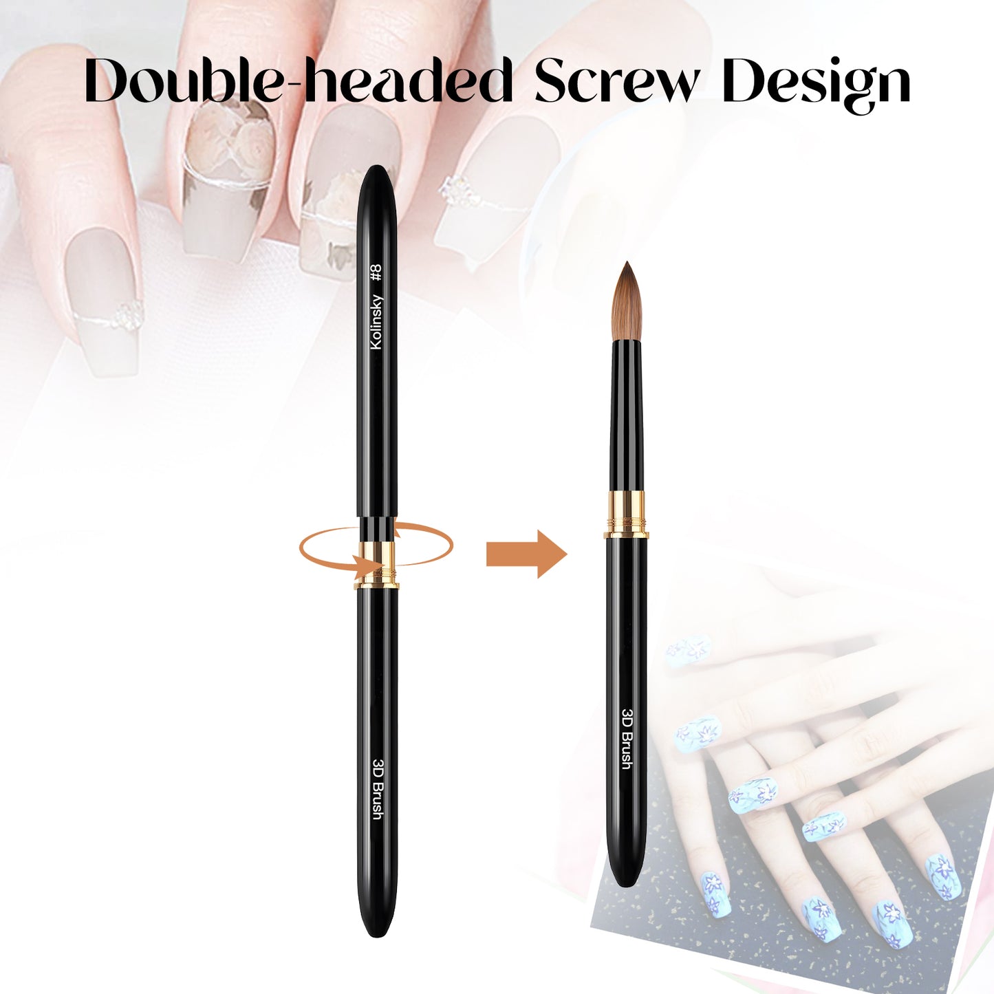 Yasterd Top Quality 3Pcs Black Metal Handle Double Ended Kolinsky&Nylon Nail Art Brush