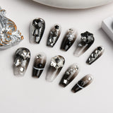 Load image into Gallery viewer, 10pcs SIZE S M L Handmade Craft Press On Nails, Snowflake And Stars Black Nail Art Fashion Sparkling Fake Nails For Women And Girls