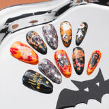 Load image into Gallery viewer, Yasterd Press on Nails Halloween Medium with Ghost Design, 100% Hand-painted Reusable Gel UV Finished Pre-shaped False Nails for Women, 10pcs 3D Handmade False Nails-Medium Size