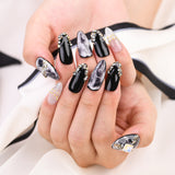 Load image into Gallery viewer, 10 PCS Size S M L Handmade Craft Press Nails, Black and Silver Rhinestone Nail Art Fashion Sparkling Fake Nails for Women and Girls