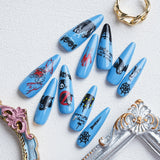 Load image into Gallery viewer, Yasterd Press on Nails Halloween Style Blue Long Style with Ghost Design, 100% Hand-painted Reusable Gel UV Finished Pre-shaped False Nails for Women, 10pcs 3D Handmade False Nails-Medium Size