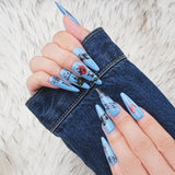 Load image into Gallery viewer, Yasterd Press on Nails Halloween Style Blue Long Style with Ghost Design, 100% Hand-painted Reusable Gel UV Finished Pre-shaped False Nails for Women, 10pcs 3D Handmade False Nails-Medium Size