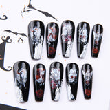 Load image into Gallery viewer, Yasterd Press on Nails Black Medium with Ghost Design, 100% Hand-painted Reusable Gel UV Finished Pre-shaped False Nails for Women, 10pcs 3D Handmade False Nails-Medium Size