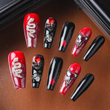 Load image into Gallery viewer, Yasterd Press on Nails Halloween Style Black Red Medium Almond with Skull Design, 100% Hand-painted Reusable Gel UV Finished Pre-shaped False Nails for Women, 10pcs 3D Handmade False Nails-Medium Size