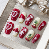 Load image into Gallery viewer, 10pcs SIZE S M L Handmade Craft Press On Nails, Christmas Red Print Style Fashion Diamond Fake Nails For Women And Girls