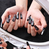 Load image into Gallery viewer, Yasterd Press on Nails Black Medium with Ghost Design, 100% Hand-painted Reusable Gel UV Finished Pre-shaped False Nails for Women, 10pcs 3D Handmade False Nails-Medium Size