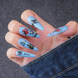 Load image into Gallery viewer, Yasterd Press on Nails Halloween Style Blue Long Style with Ghost Design, 100% Hand-painted Reusable Gel UV Finished Pre-shaped False Nails for Women, 10pcs 3D Handmade False Nails-Medium Size