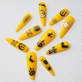 Load image into Gallery viewer, Yasterd Press on Nails Halloween Style Yellow Long Style with Ghost Design, 100% Hand-painted Reusable Gel UV Finished Pre-shaped False Nails for Women, 10pcs 3D Handmade False Nails-Medium Size