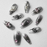 Load image into Gallery viewer, Yasterd Press on Nails Black and White Medium Almond with Diamond Design, 100% Hand-painted Reusable Gel UV Finished Pre-shaped False Nails for Women, 10pcs 3D Handmade False Nails-Medium Size