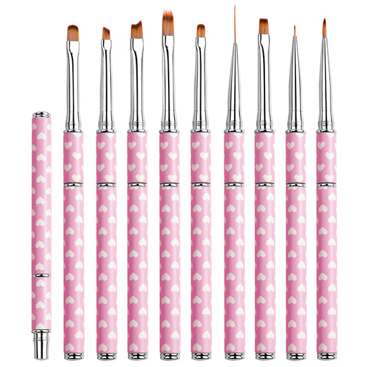 Yasterd 9Pcs Premium Quality Pink Metal Handle UV Gel Painting Pen, Flower & Gradient Designs, Liner Brushes Set