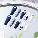 Load image into Gallery viewer, 10pcs SIZE S Handmade Craft Press On Nails, Elegant Matte Blue Plaid Butterfly Print Style Fashion Sparkling Fake Nails For Women And Girls