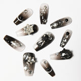 Load image into Gallery viewer, 10pcs SIZE S M L Handmade Craft Press On Nails, Snowflake And Stars Black Nail Art Fashion Sparkling Fake Nails For Women And Girls