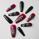 Load image into Gallery viewer, Yasterd Press on Nails Halloween Style Black Red Medium Almond with Skull Design, 100% Hand-painted Reusable Gel UV Finished Pre-shaped False Nails for Women, 10pcs 3D Handmade False Nails-Medium Size