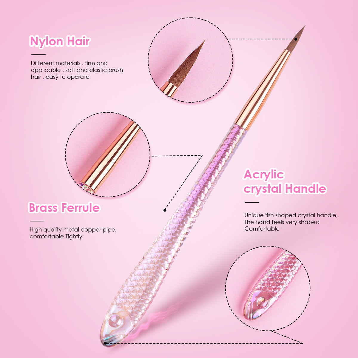 Yasterd 8Pcs Fish-Shaped Crystal Handle Nail Art Brush Set