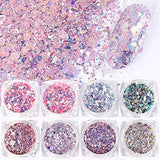 Load image into Gallery viewer, 8 Boxes / Set Holographic Nail Glitter Mermaid Powder Flakes Shiny Charms Hexagon Nail Art Pigment Dust Decoration Manicure