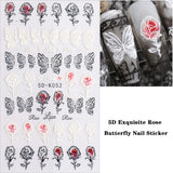 Load image into Gallery viewer, Rose Nail Art Sticker 5d Exquisite Embossed Nail Art Supplies Self-Adhesive Nail Art Decoration Black White Butterfly Wings Rose Flower Feather Carving Design Acrylic Nail Art 3 Sheet